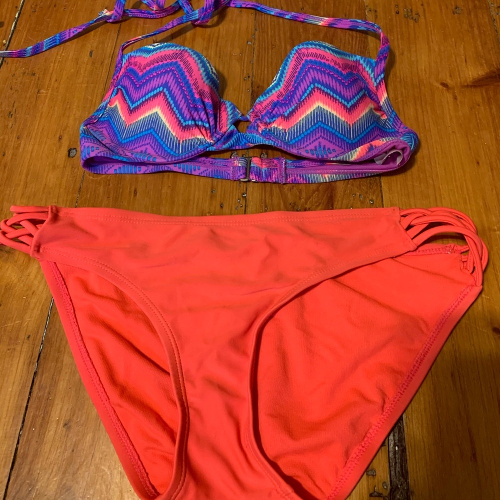 Rainbow top, coral bottom bikini!